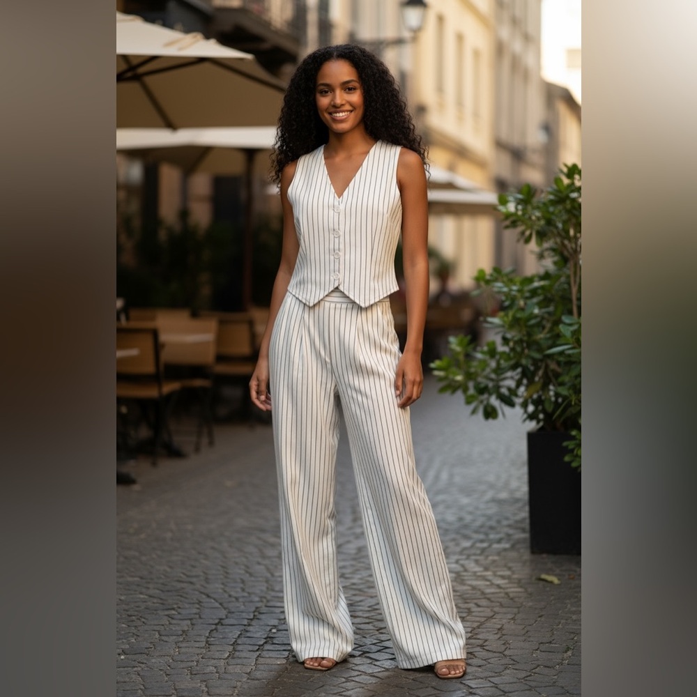 #512 Striped Cream Women's Vest & Pants